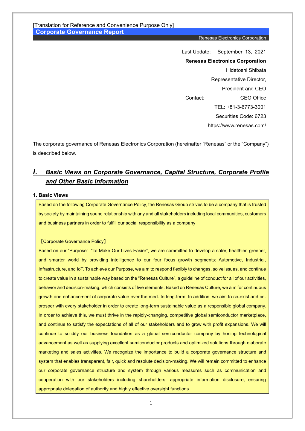Corporate Governance Report Renesas Electronics Corporation