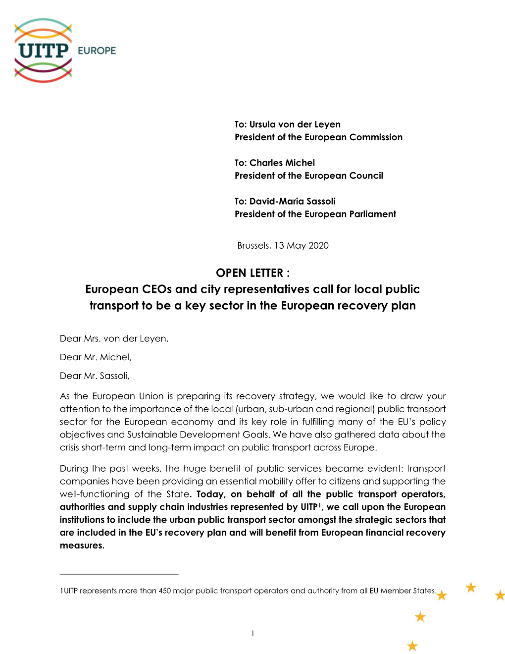 OPEN LETTER : European Ceos and City Representatives Call for Local Public Transport to Be a Key Sector in the European Recovery Plan