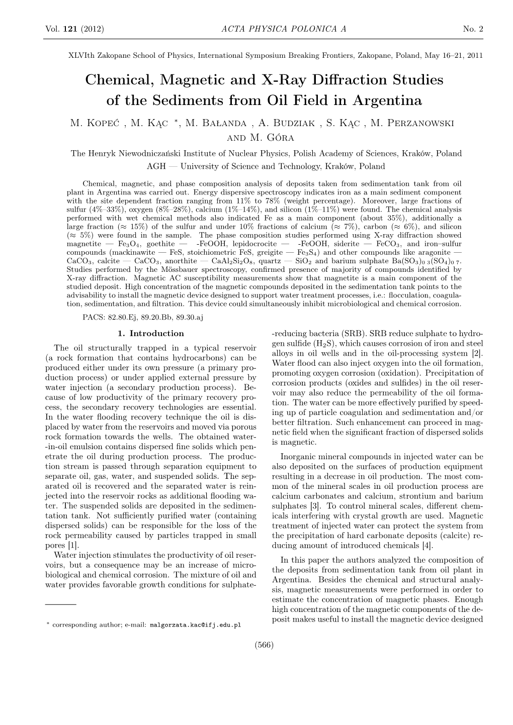 Chemical, Magnetic and X-Ray Diffraction Studies of the Sediments