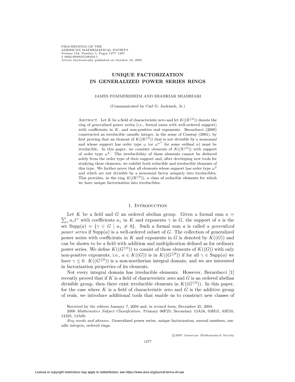 Unique Factorization in Generalized Power Series Rings