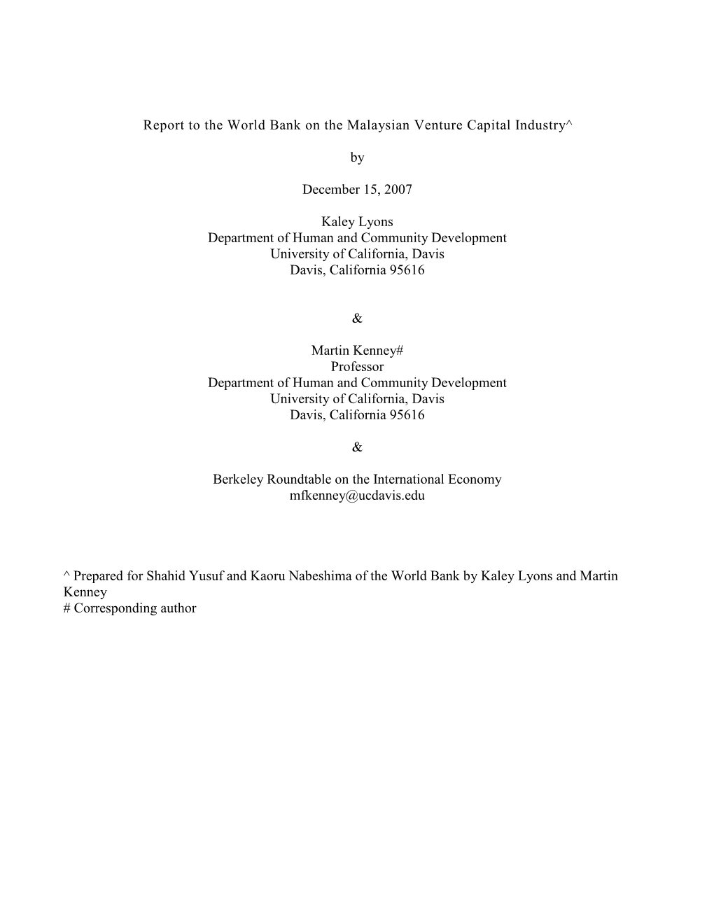 Report to the World Bank on the Malaysian Venture Capital Industry^