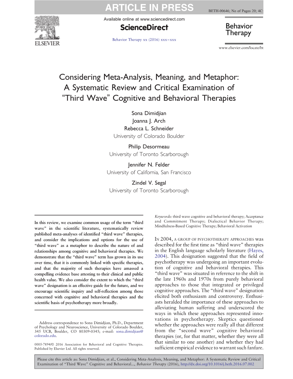 Third Wave” Cognitive and Behavioral Therapies