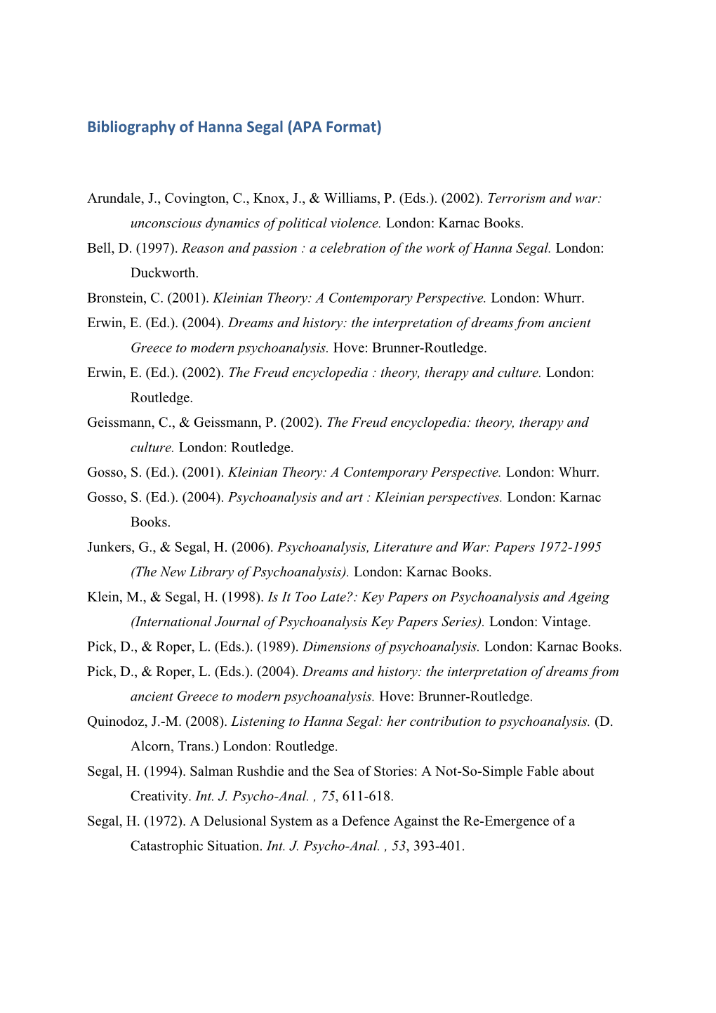 Bibliography of Hanna Segal (APA Format)