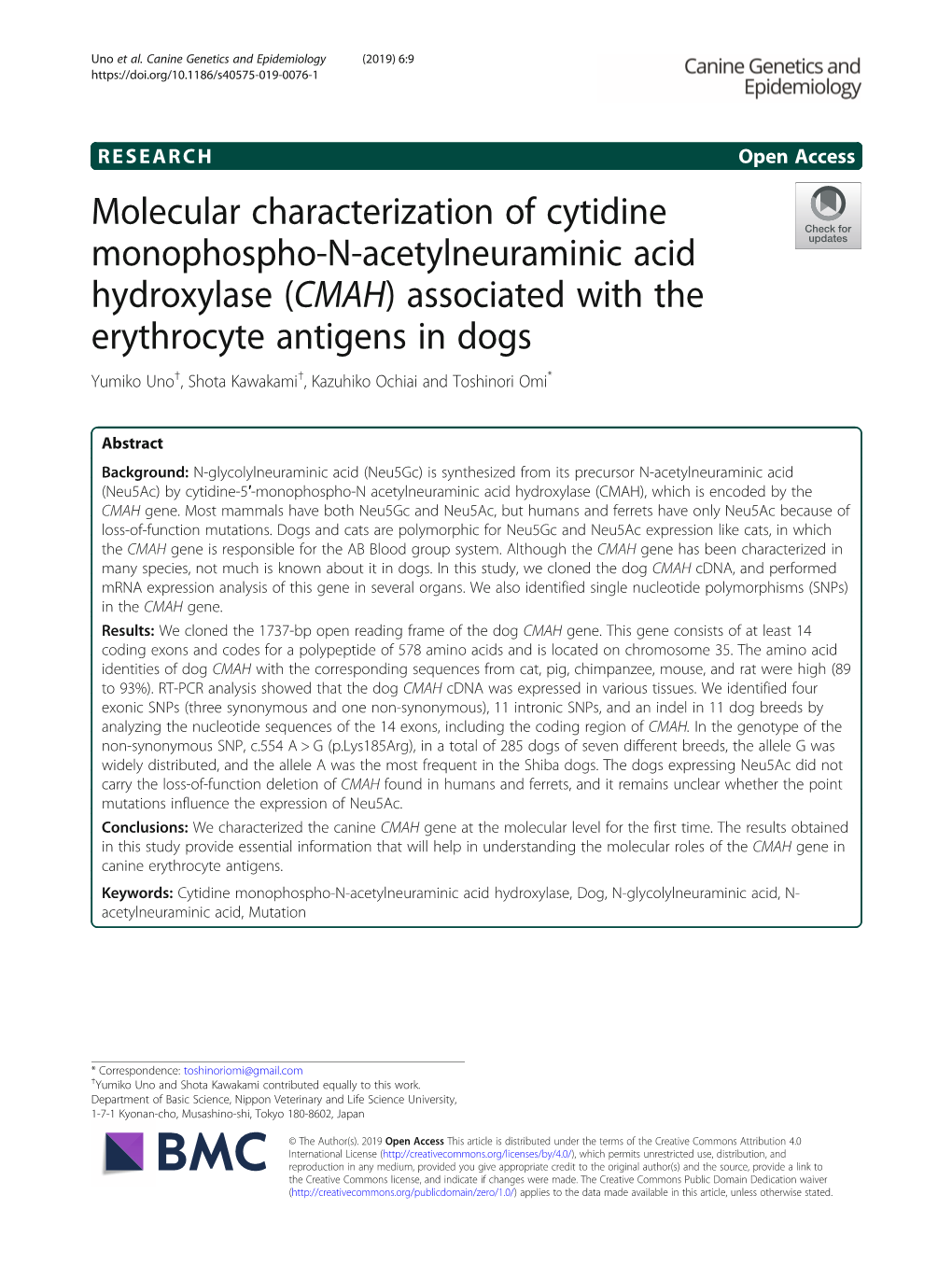 CMAH) Associated with the Erythrocyte Antigens in Dogs Yumiko Uno†, Shota Kawakami†, Kazuhiko Ochiai and Toshinori Omi*