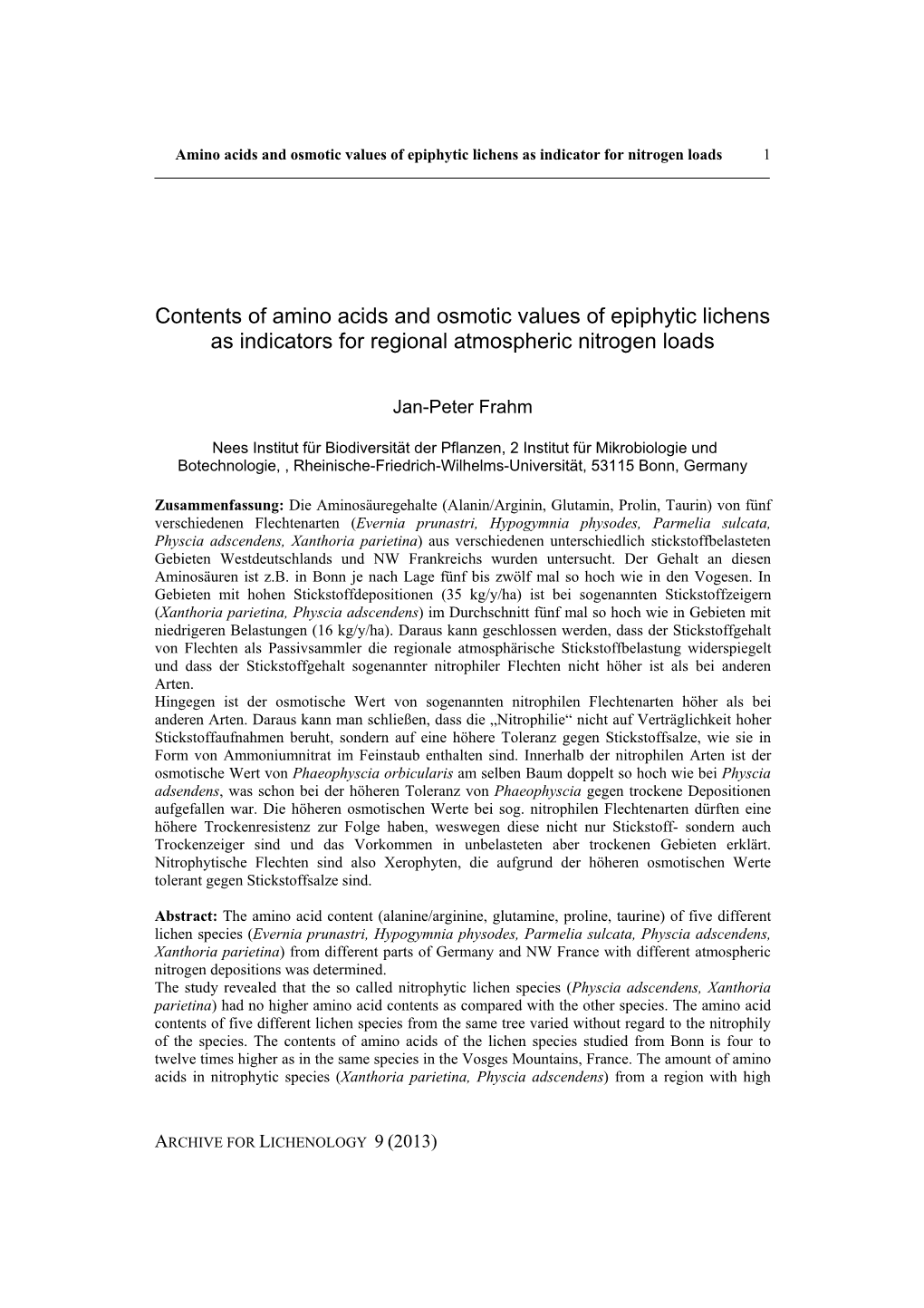 Contents of Amino Acids and Osmotic Values of Epiphytic Lichens As Indicators for Regional Atmospheric Nitrogen Loads