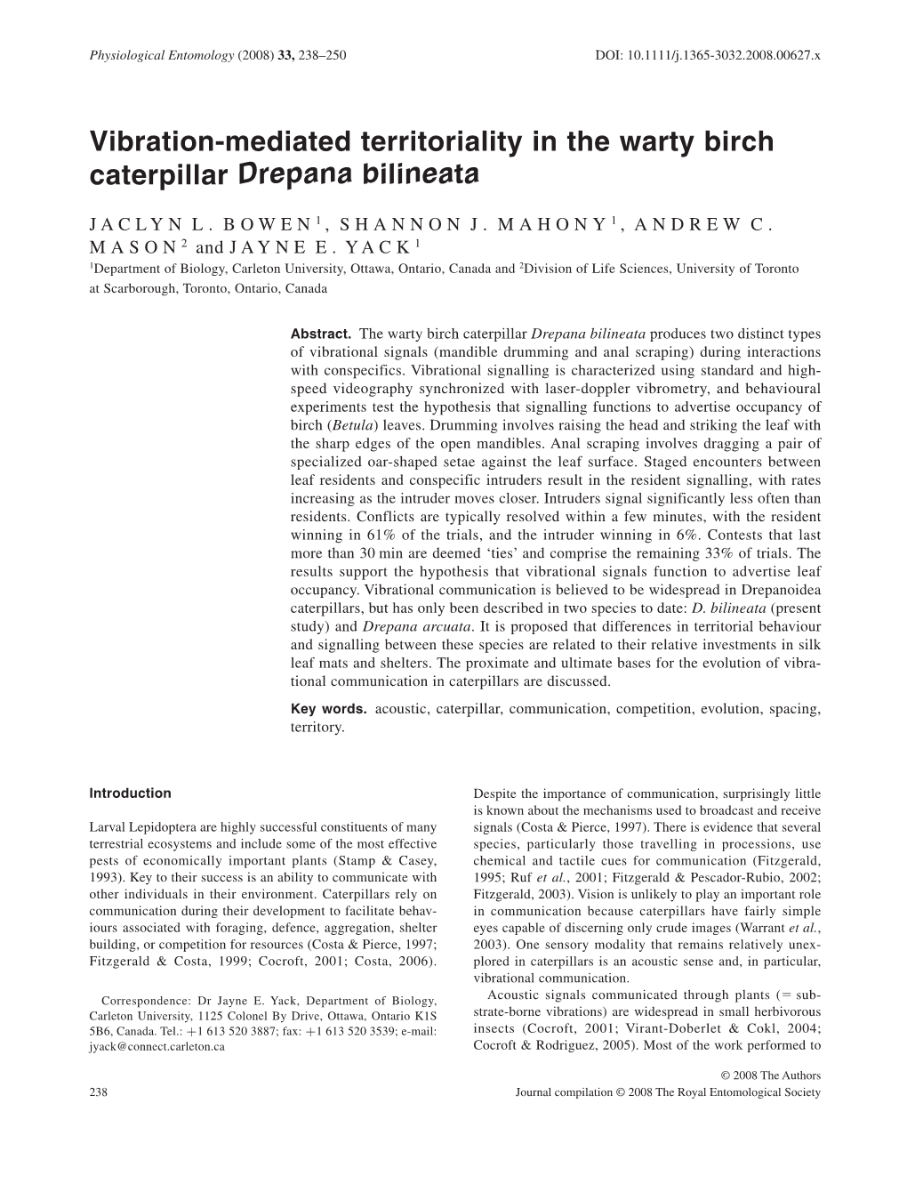 Vibration-Mediated Territoriality in the Warty Birch Caterpillar Drepana Bilineata