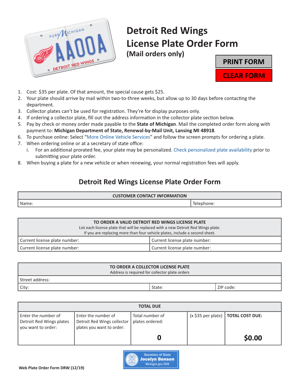 The Detroit Red Wings Plate Order Form