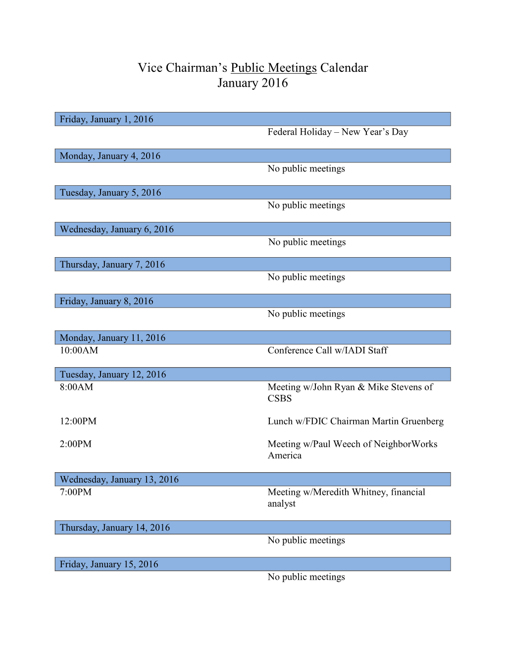 Vice Chairman's Public Meetings Calendar January 2016