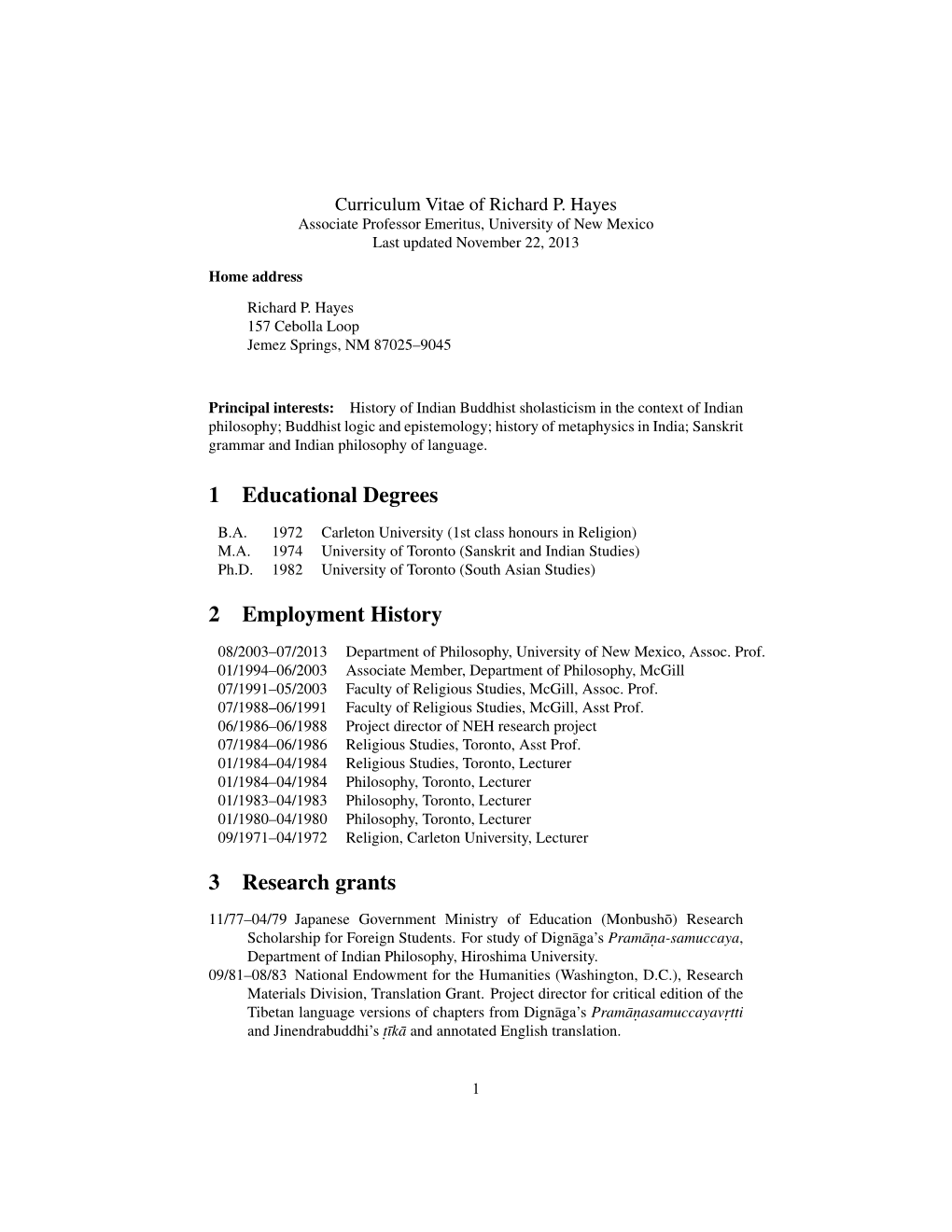 Richard P. Hayes Curriculum Vitae