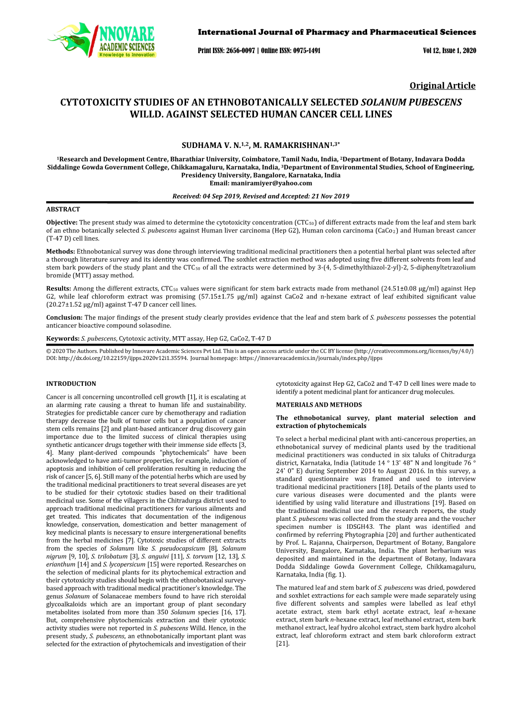 Cytotoxicity Studies of an Ethnobotanically Selected Solanum Pubescens Willd