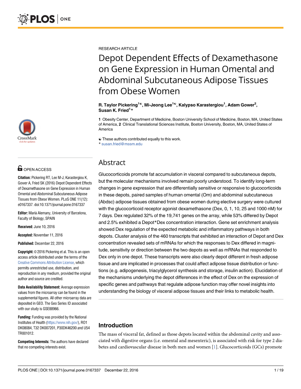 Depot Dependent Effects of Dexamethasone on Gene Expression in Human Omental and Abdominal Subcutaneous Adipose Tissues from Obese Women