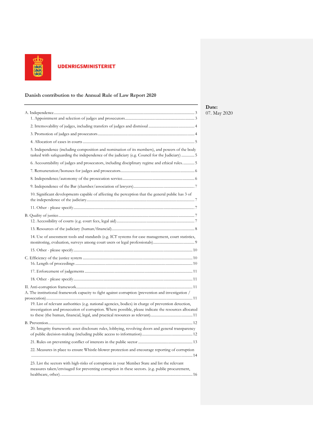 Danish Contribution to the Annual Rule of Law Report 2020 Date