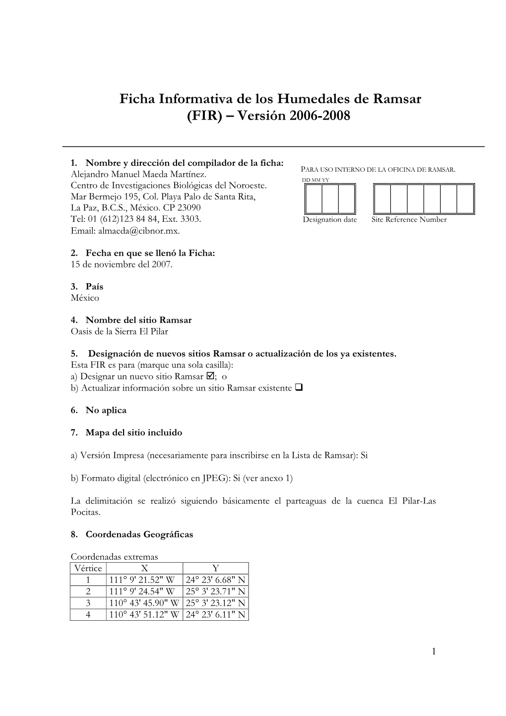 Ficha Informativa De Los Humedales De Ramsar (FIR) – Versión 2006-2008