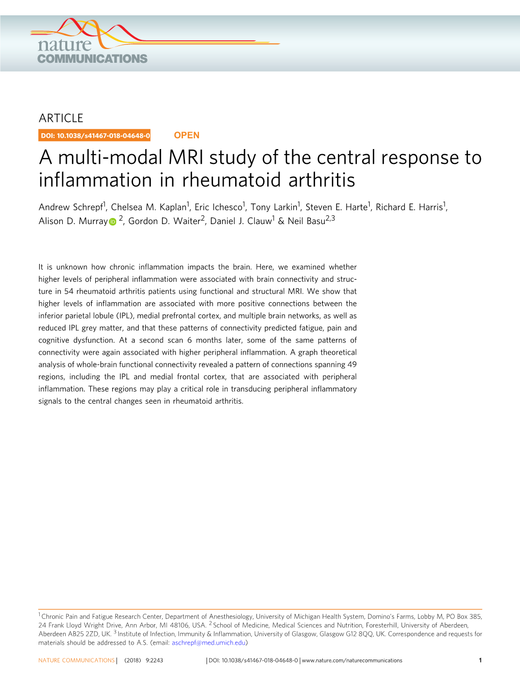 A Multi-Modal MRI Study of the Central Response to Inflammation in Rheumatoid Arthritis