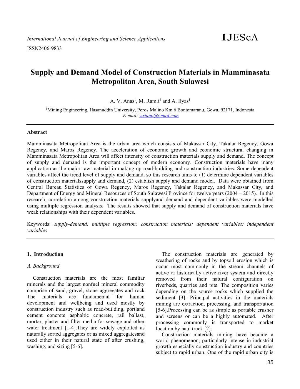 Supply and Demand Model of Construction Materials in Mamminasata Metropolitan Area, South Sulawesi