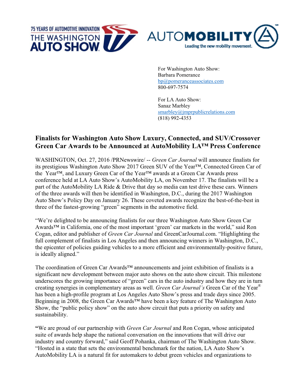 Finalists for Washington Auto Show Luxury, Connected, and SUV/Crossover Green Car Awards to Be Announced at Automobility LA™ Press Conference