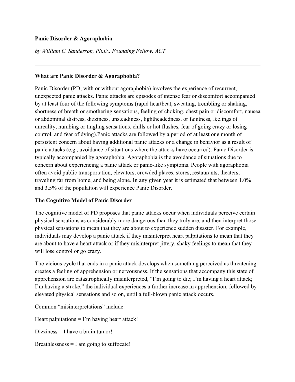 Panic Disorder & Agoraphobia by William C. Sanderson, Ph.D
