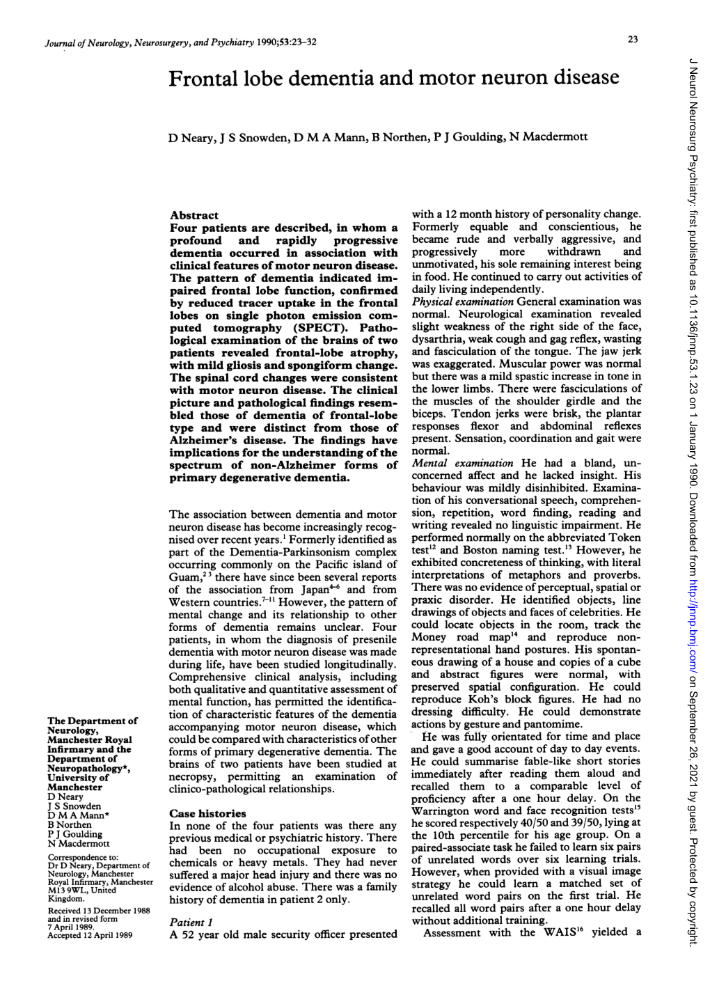 Frontal Lobe Dementiaand Motor Neuron Disease