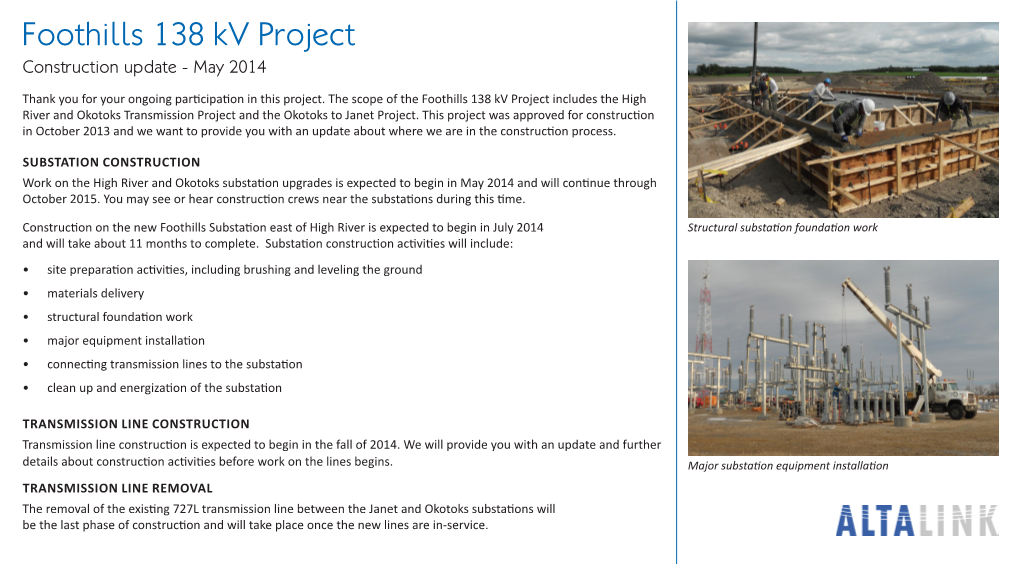 Foothills 138 Kv Project Construction Update - May 2014