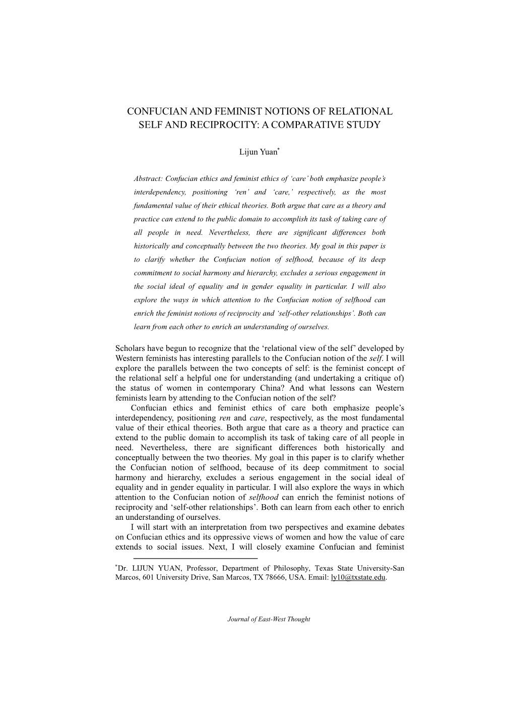 Confucian and Feminist Notions of Relational Self and Reciprocity: a Comparative Study