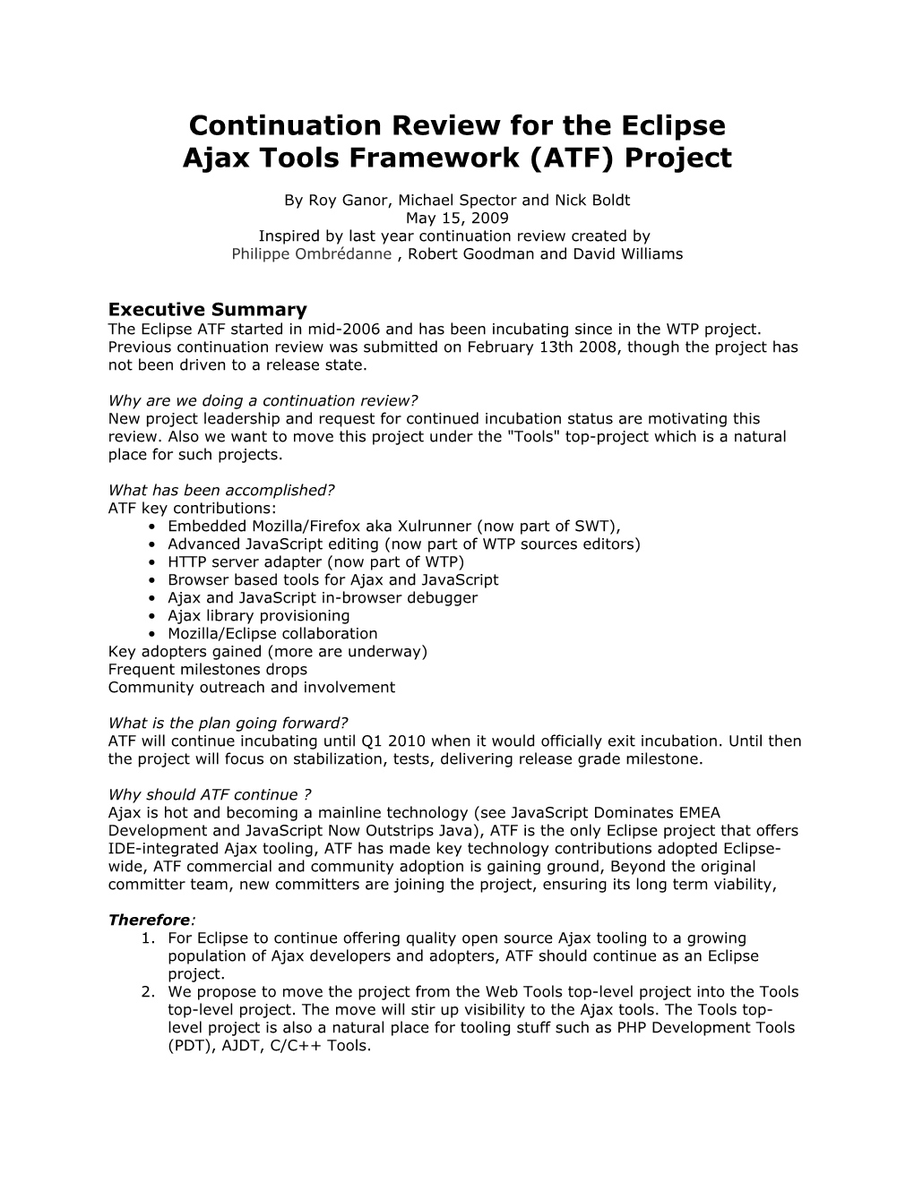 Continuation Review for the Eclipse Ajax Tools Framework (ATF) Project