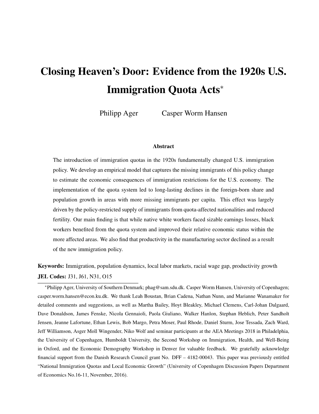 Evidence from the 1920S US Immigration Quota Acts