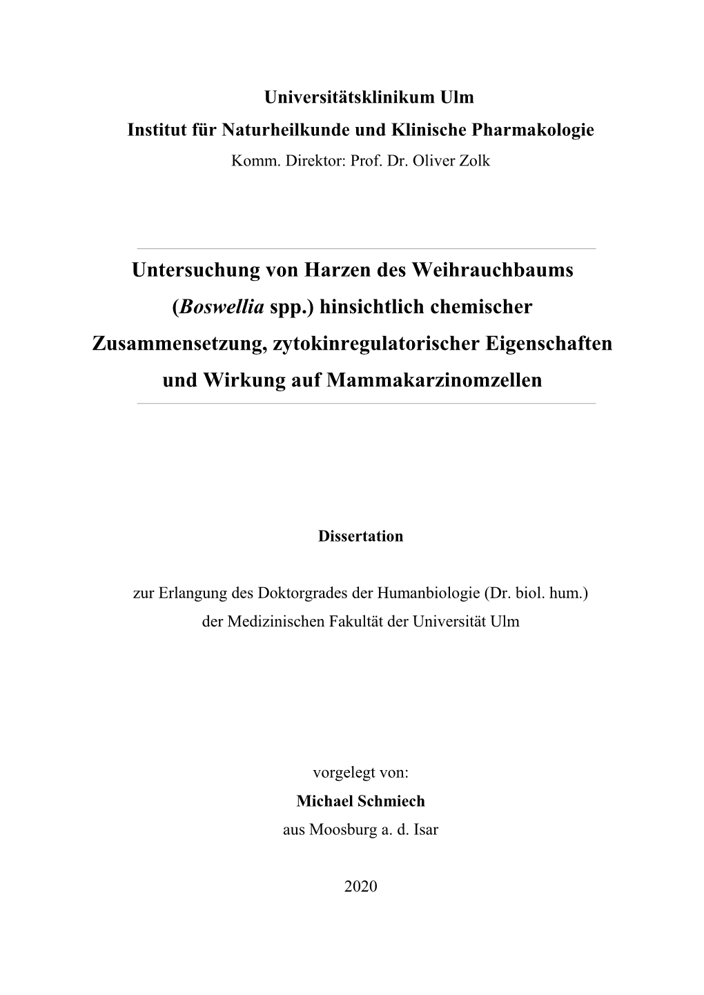 Untersuchung Von Harzen Des Weihrauchbaums (Boswellia Spp.)