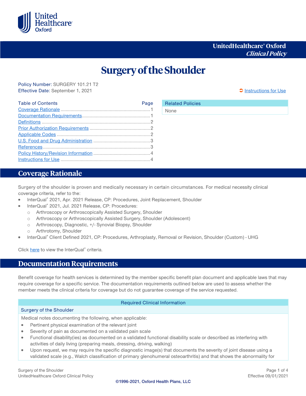 Surgery of the Shoulder – Oxford Clinical Policy