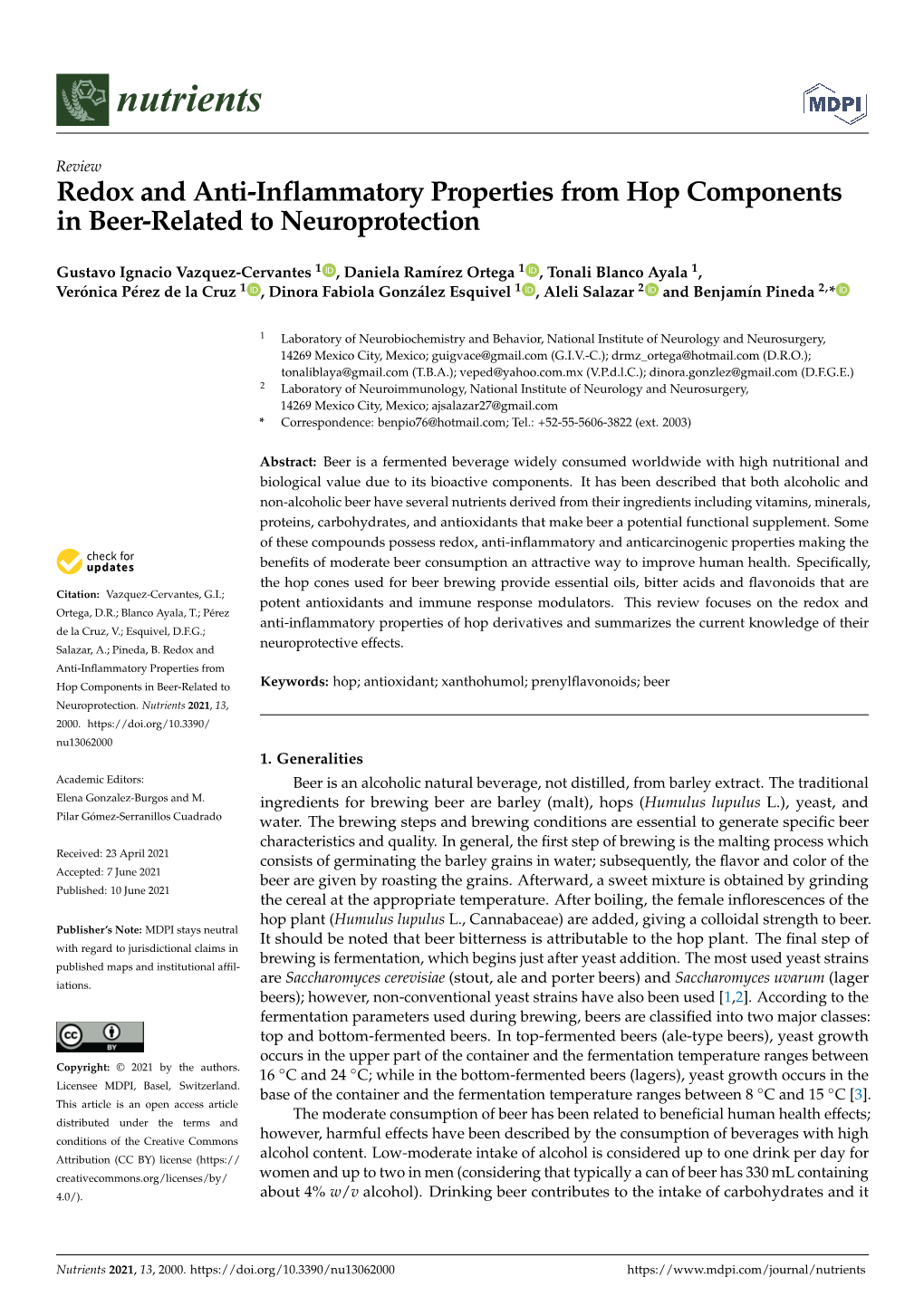 Redox and Anti-Inflammatory Properties from Hop Components in Beer-Related to Neuroprotection
