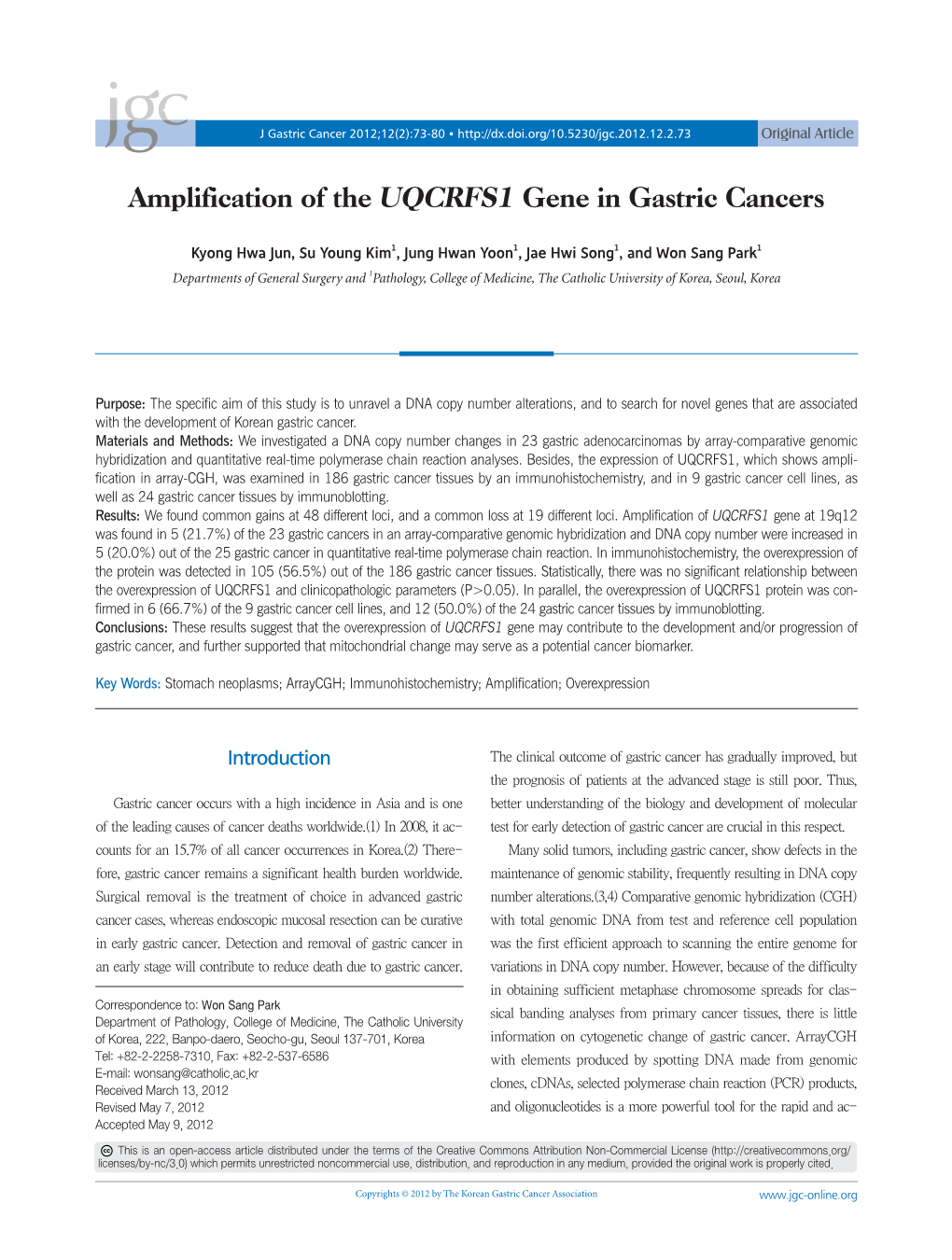 Amplification of the UQCRFS1 Gene in Gastric Cancers