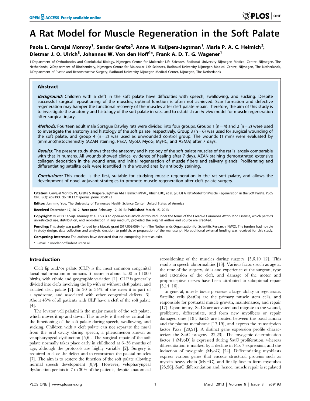 A Rat Model for Muscle Regeneration in the Soft Palate