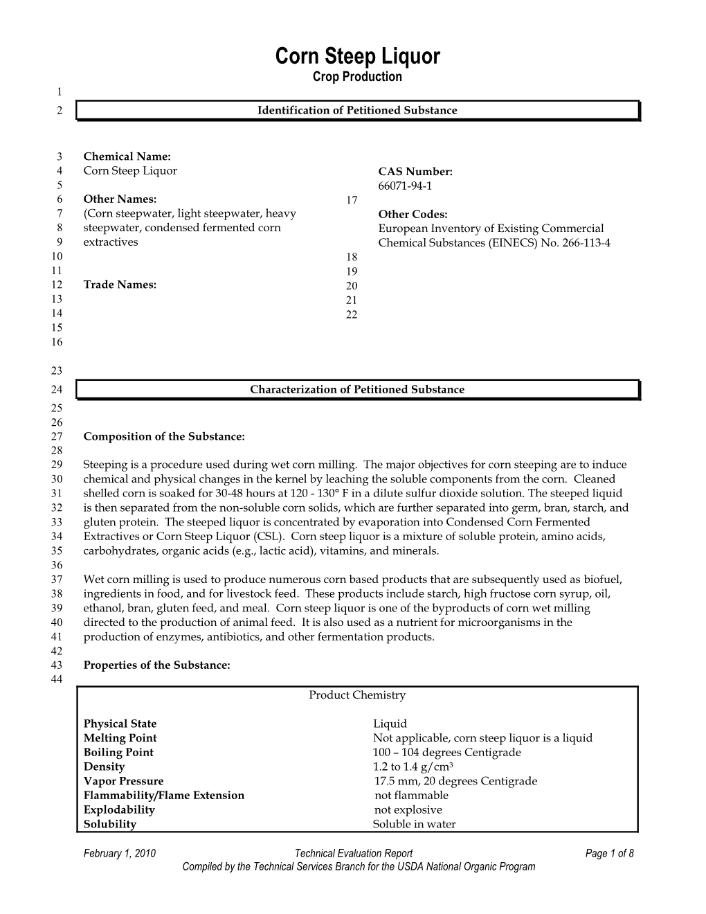 Corn Steep Liquor Crop Production 1 2 Identification of Petitioned Substance