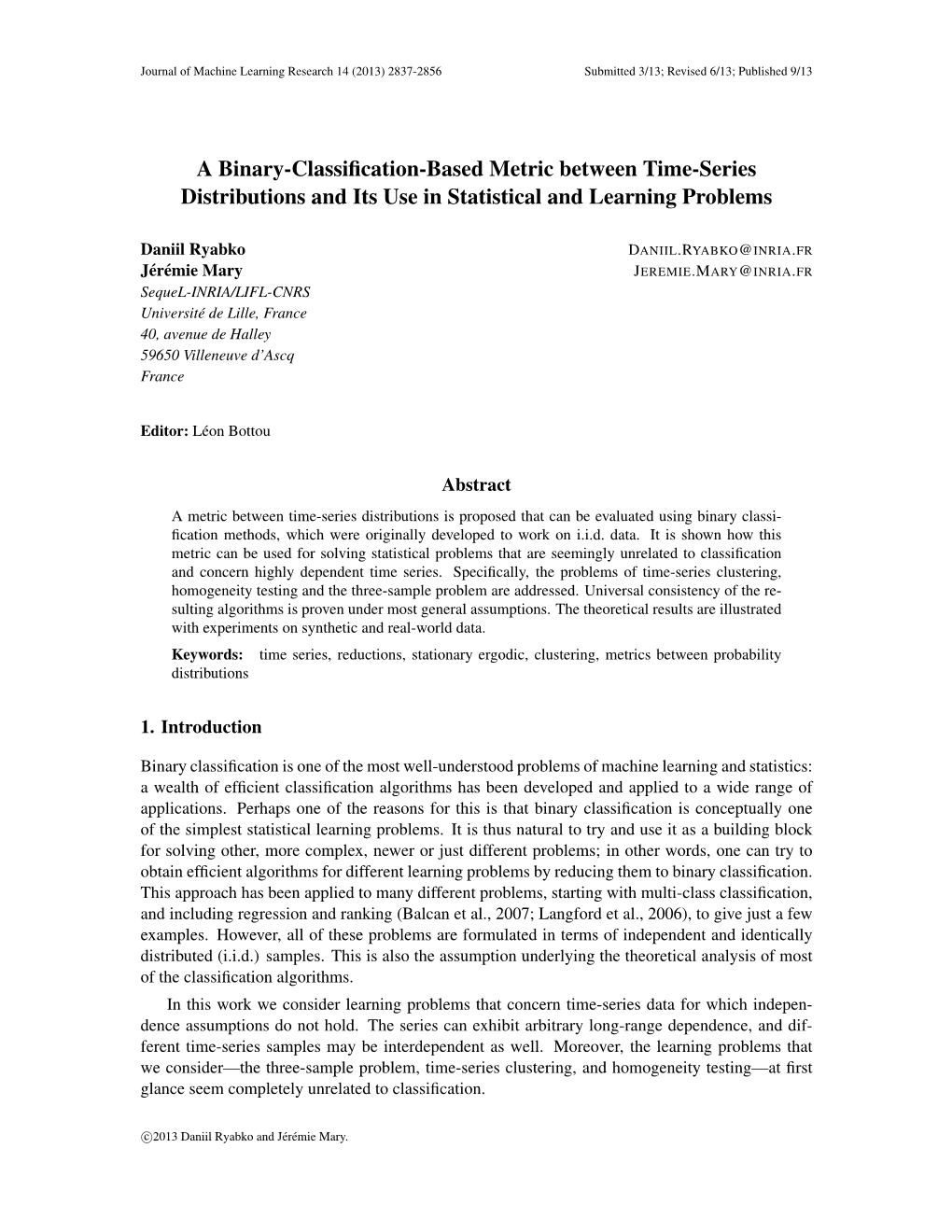 A Binary-Classification-Based Metric Between Time-Series Distributions