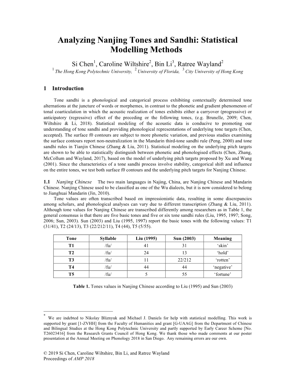 Analyzing Nanjing Tones and Sandhi: Statistical Modelling Methods*