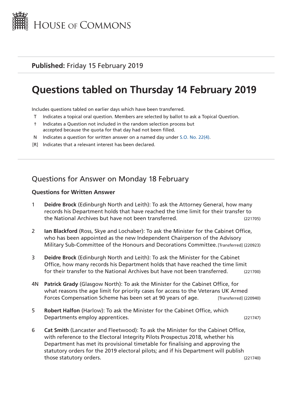 Questions Tabled on Thu 14 Feb 2019