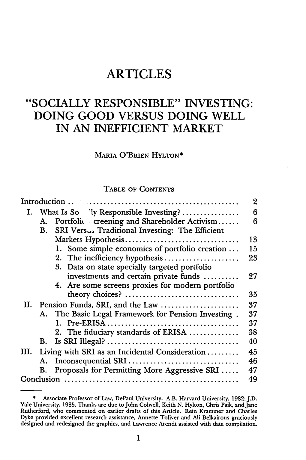 "Socially Responsible" Investing: Doing Good Versus Doing Well in an Inefficient Market
