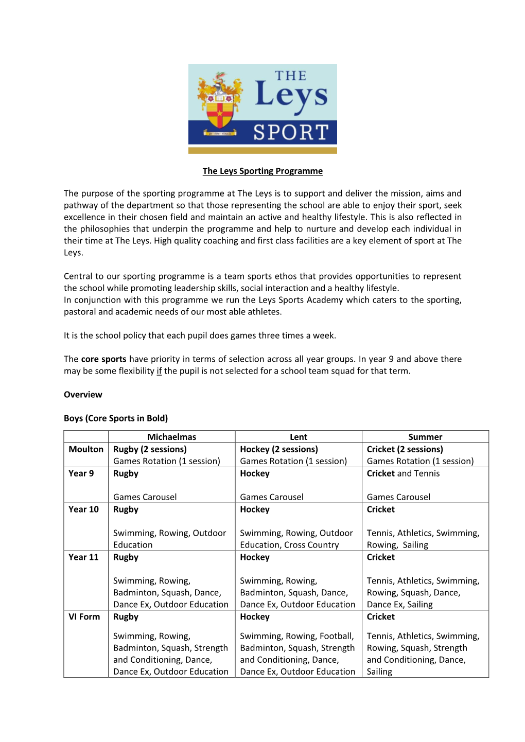 The Leys Sporting Programme