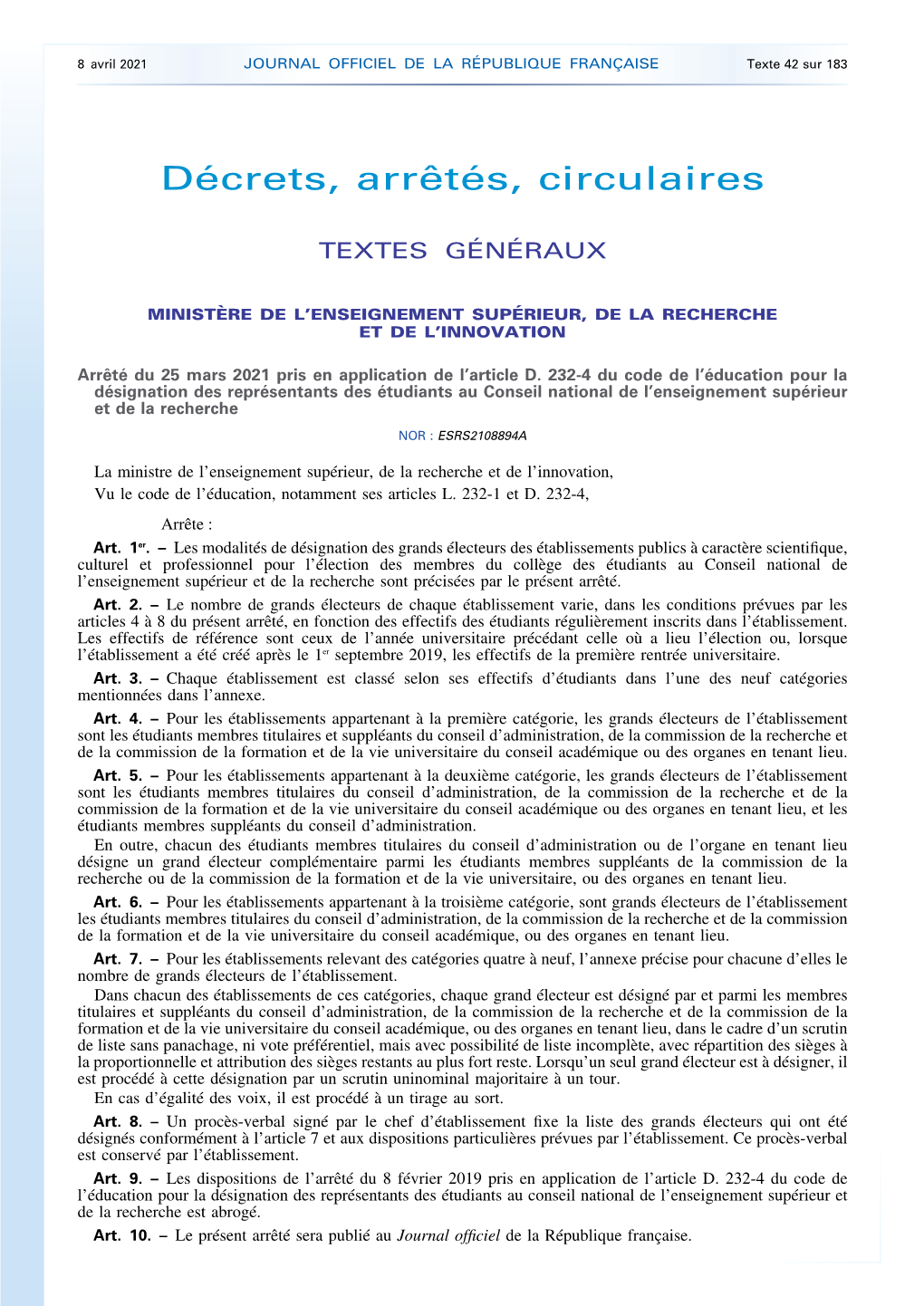 JOURNAL OFFICIEL DE LA RÉPUBLIQUE FRANÇAISE Texte 42 Sur 183