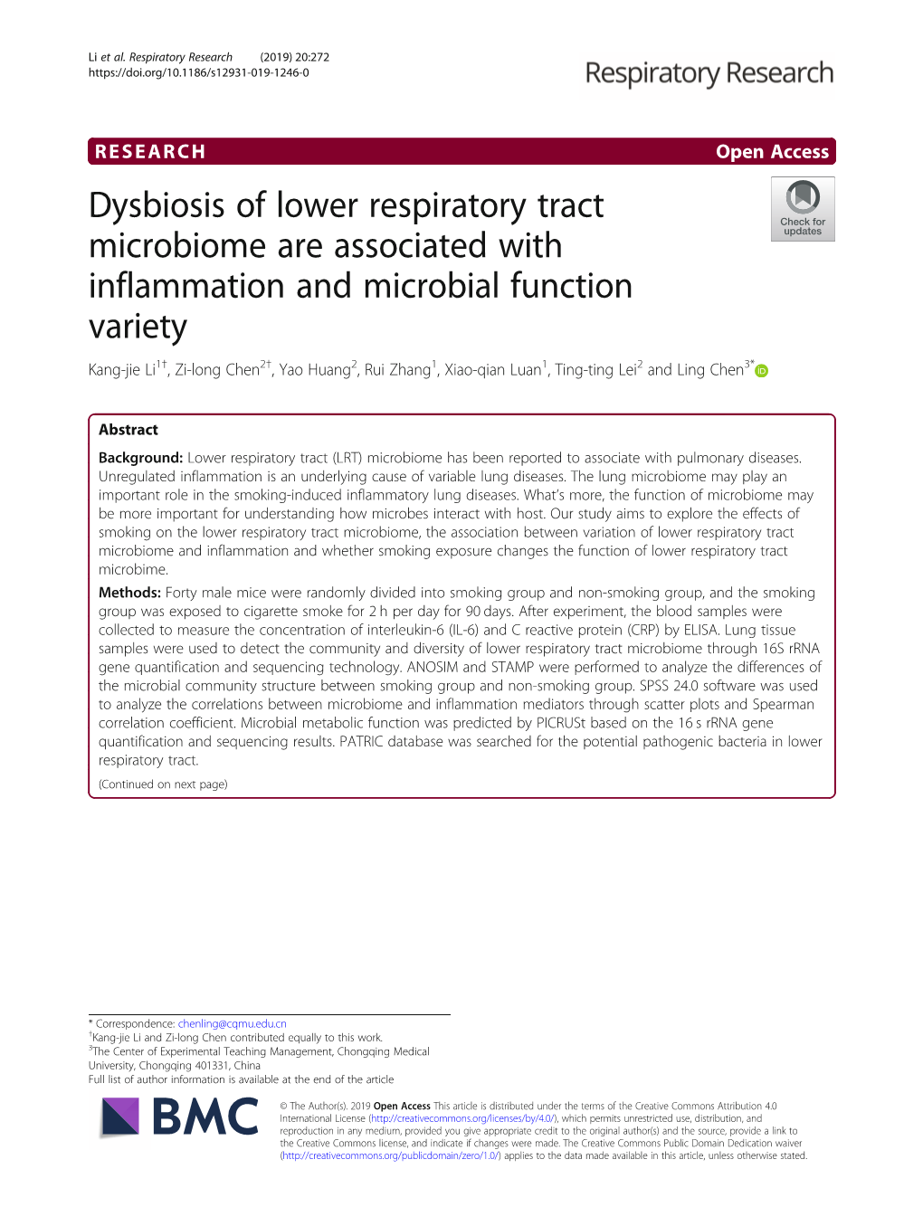 Dysbiosis of Lower Respiratory Tract Microbiome Are Associated with Inflammation and Microbial Function Variety