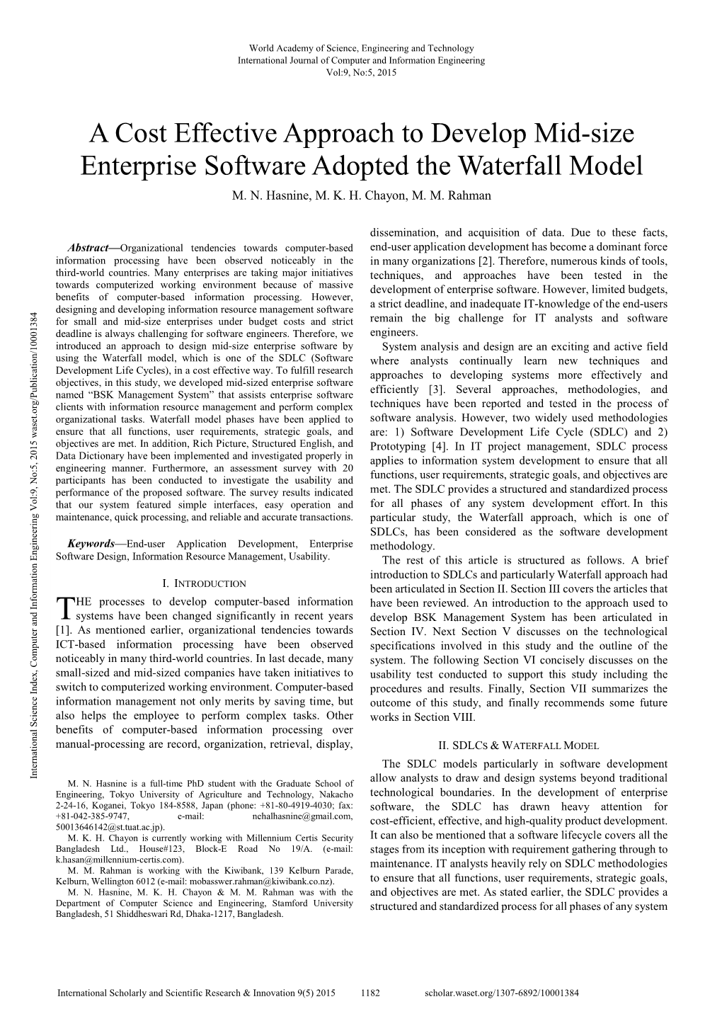 A Cost Effective Approach to Develop Mid-Size Enterprise Software Adopted the Waterfall Model M