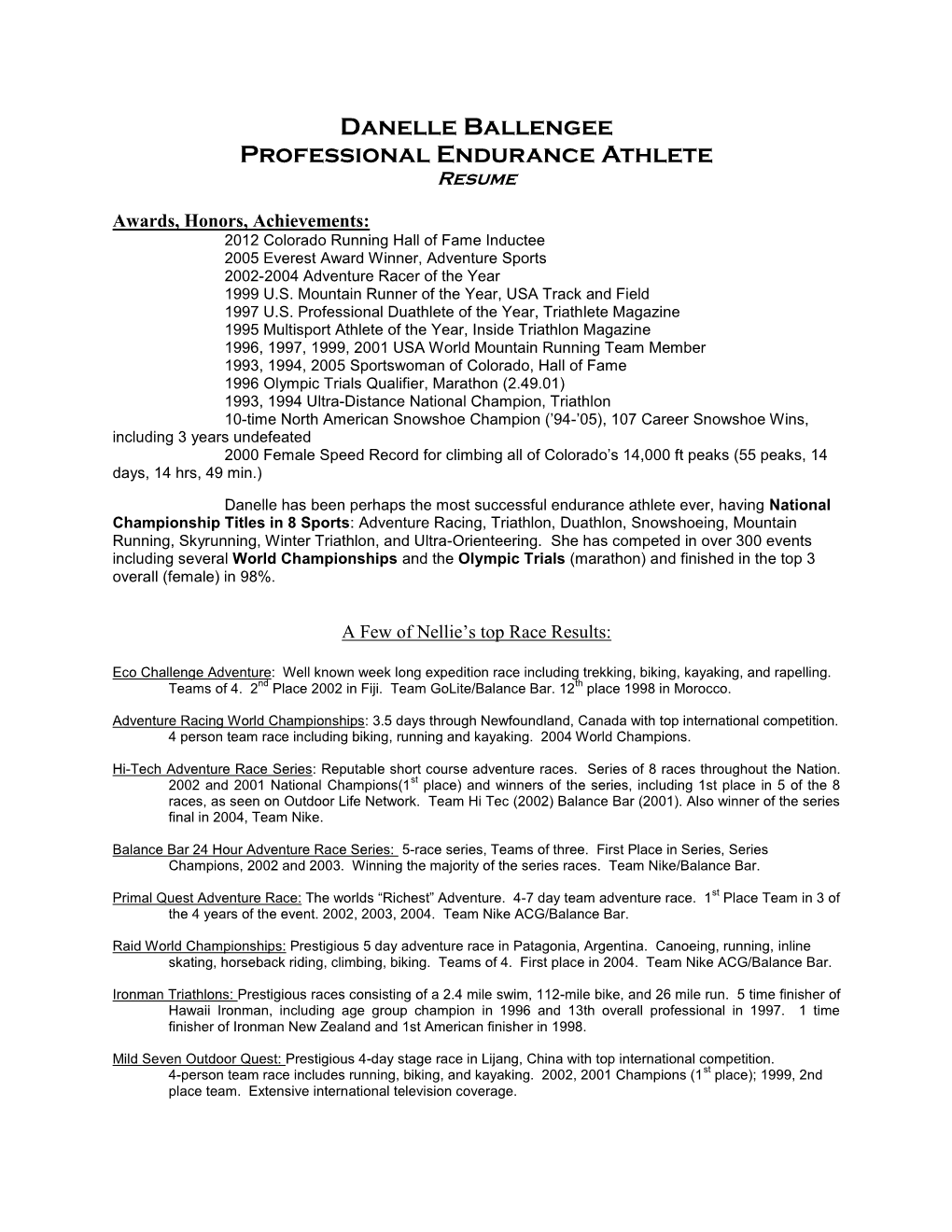 Danelle Ballengee Professional Endurance Athlete Resume