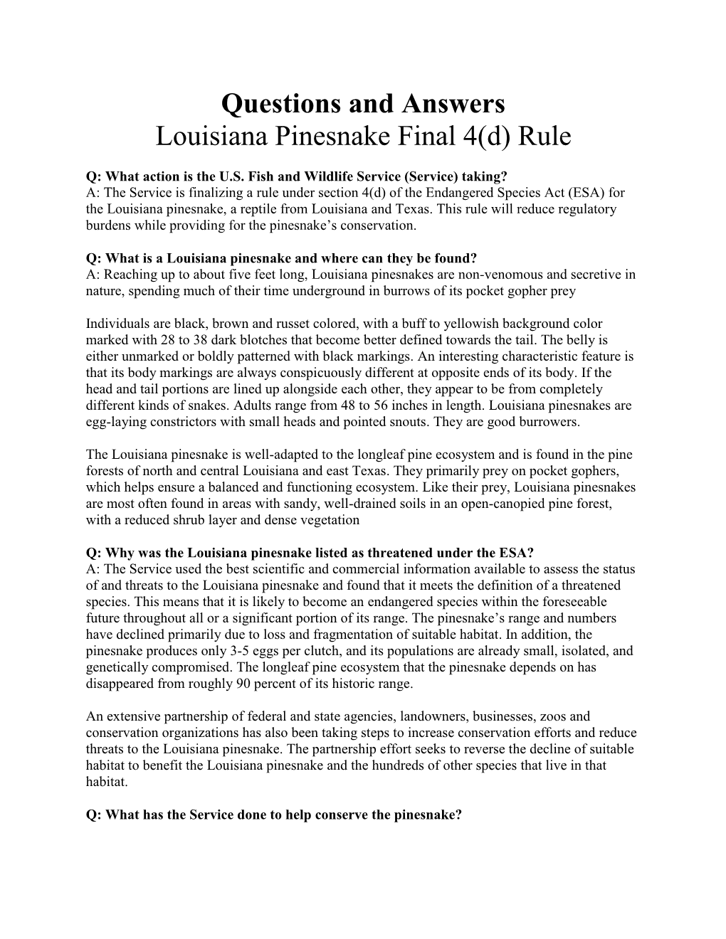 Questions and Answers Louisiana Pinesnake Final 4(D) Rule