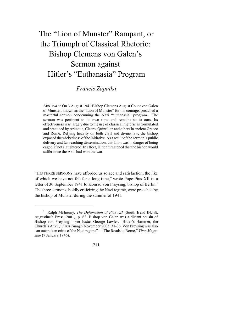 Rampant, Or the Triumph of Classical Rhetoric: Bishop Clemens Von Galen's Sermon Against Hitler's