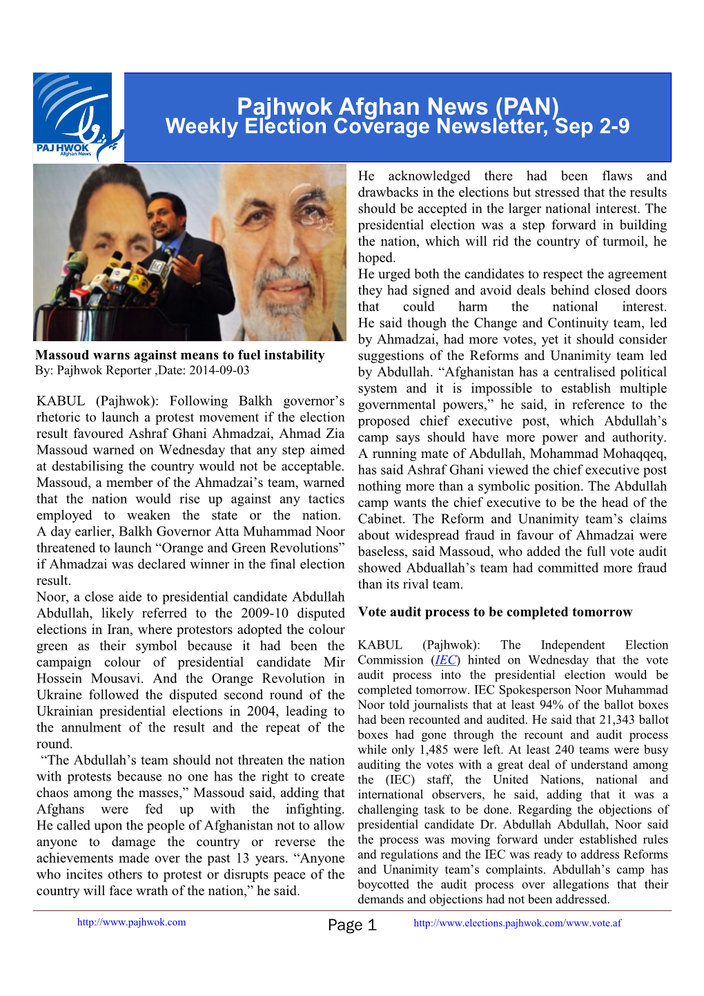 Pajhwok Afghan News (PAN) Weekly Election Coverage Newsletter, Sep 2-9