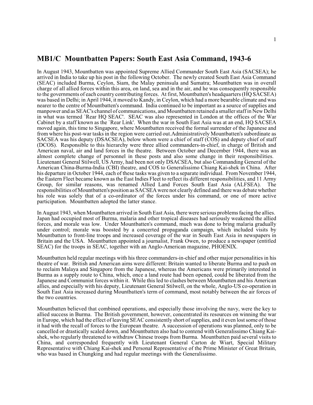 MB1/C Mountbatten Papers: South East Asia Command, 1943-6