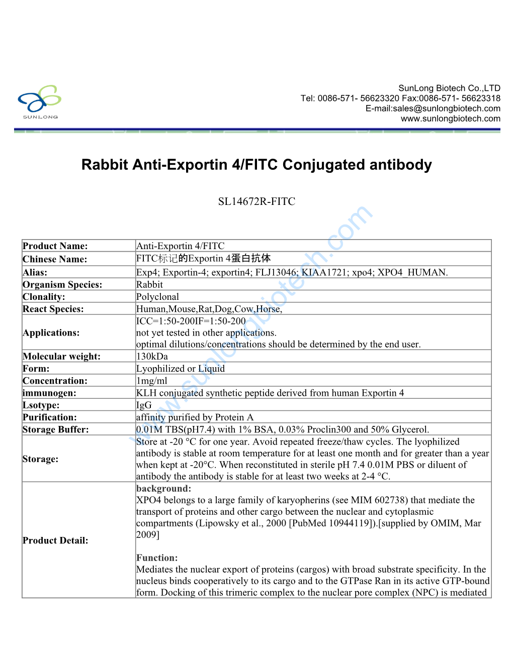 Rabbit Anti-Exportin 4/FITC Conjugated Antibody