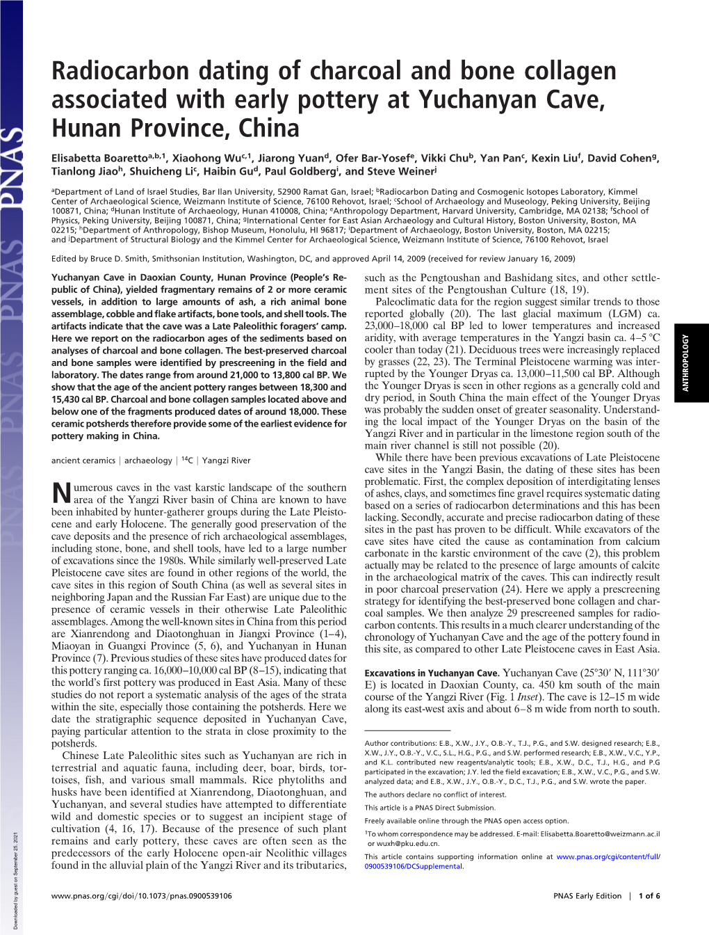 Radiocarbon Dating of Charcoal and Bone Collagen Associated with Early Pottery at Yuchanyan Cave, Hunan Province, China