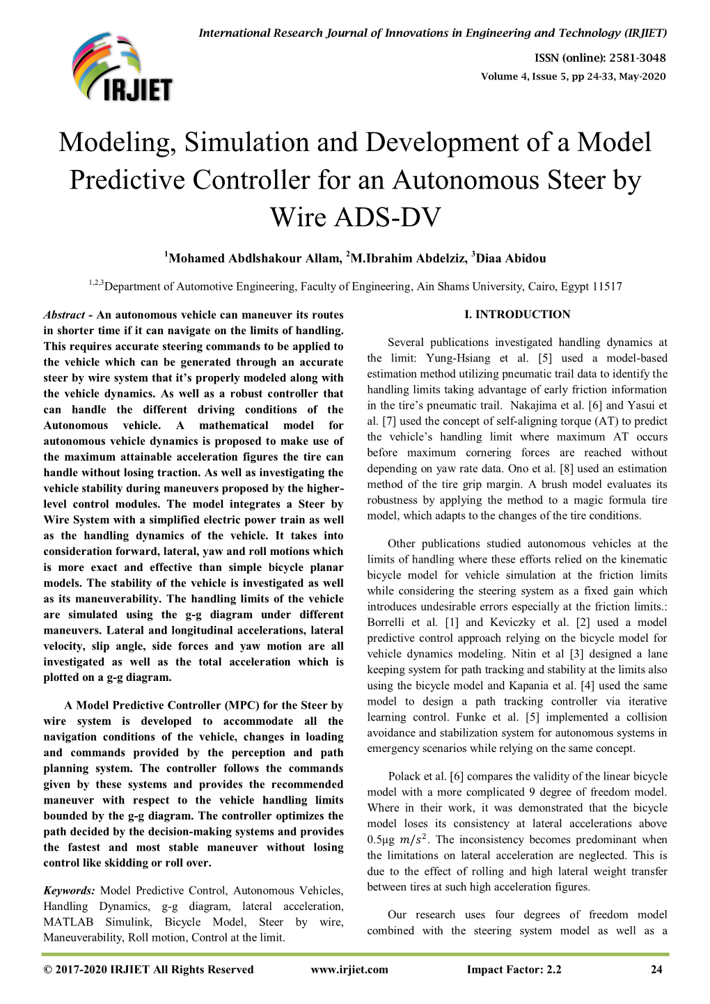 Modeling, Simulation and Development of a Model Predictive Controller for an Autonomous Steer by Wire ADS-DV
