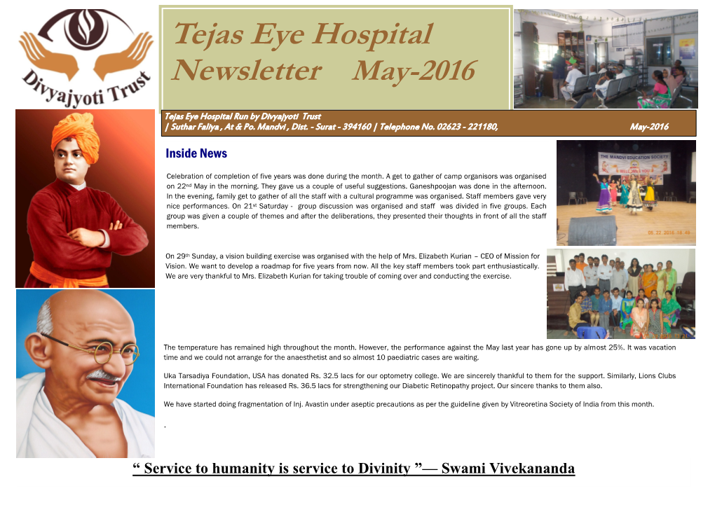 Tejas Eye Hospital Newsletter May-2016