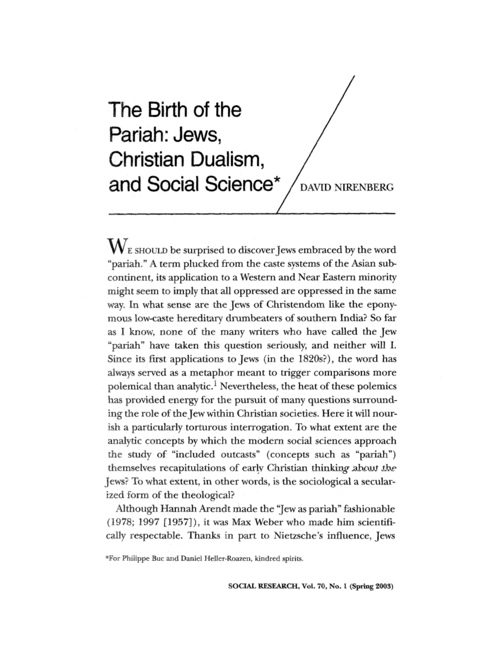 The Birth of the Pariah: Jews, Christian Dualism, and Social Science